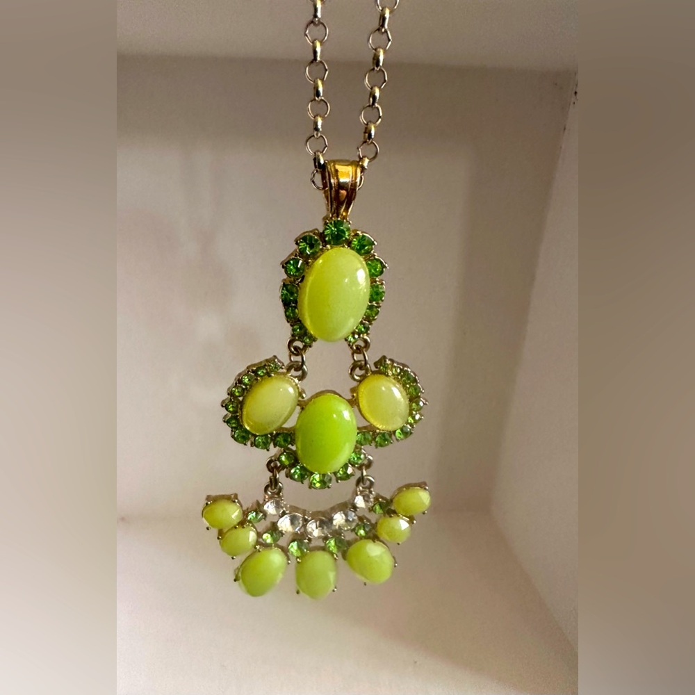 Vintage Stunning Storm Long Bib Necklace in Jade Green and Clear Crystals Rare